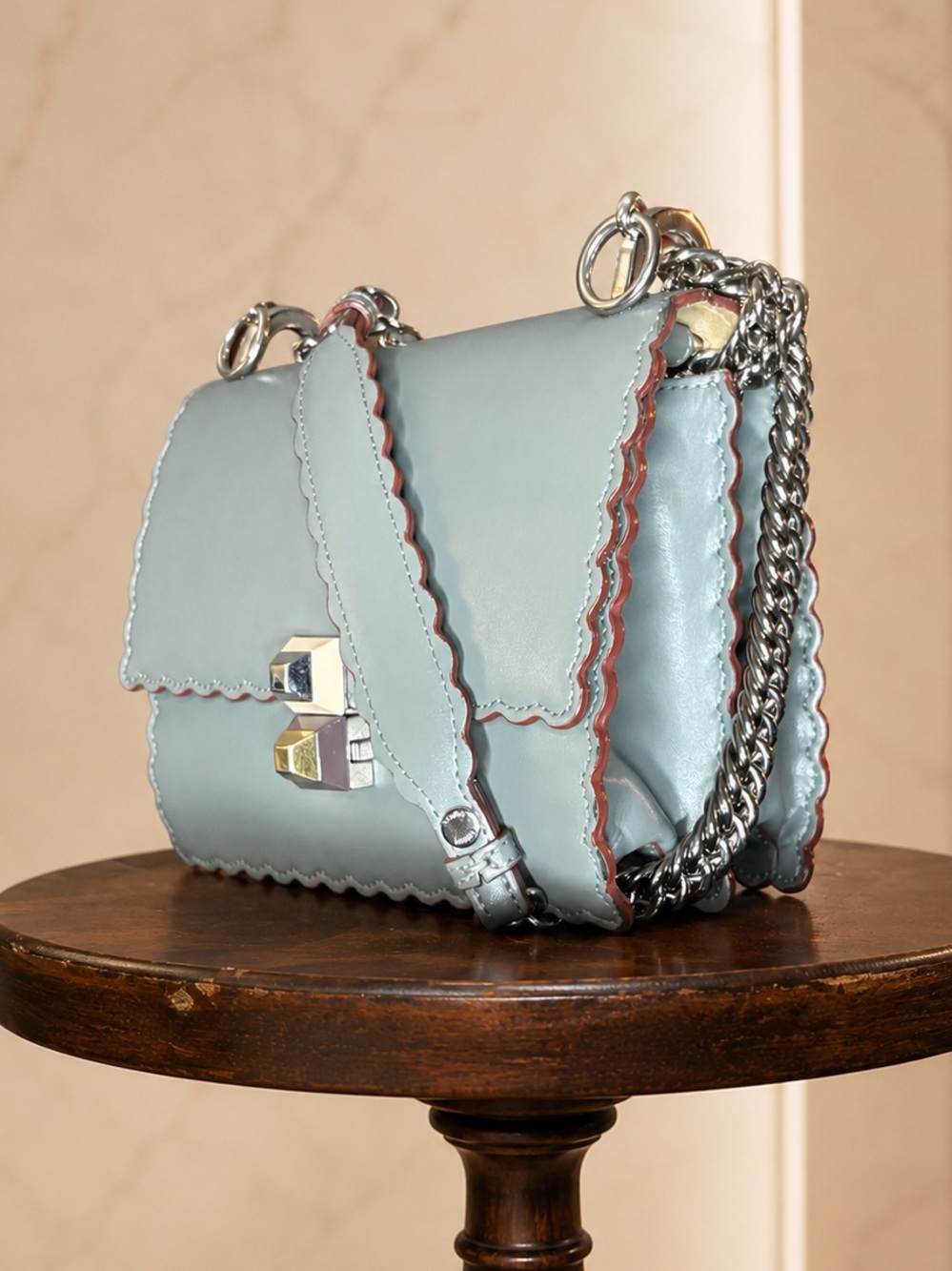 Fendi Kan I Medium Leather Shoulder Bag- Pearl Grey with Scalloped Edges EUC